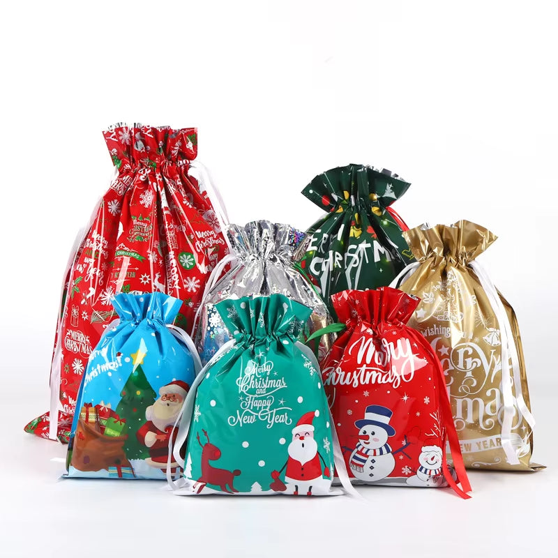 10Pcs Christmas Drawstring Gift Bag Party Children Kid Candy Gift Bag Aluminum Foil Box Happy New Year Xmas Eve 2025
