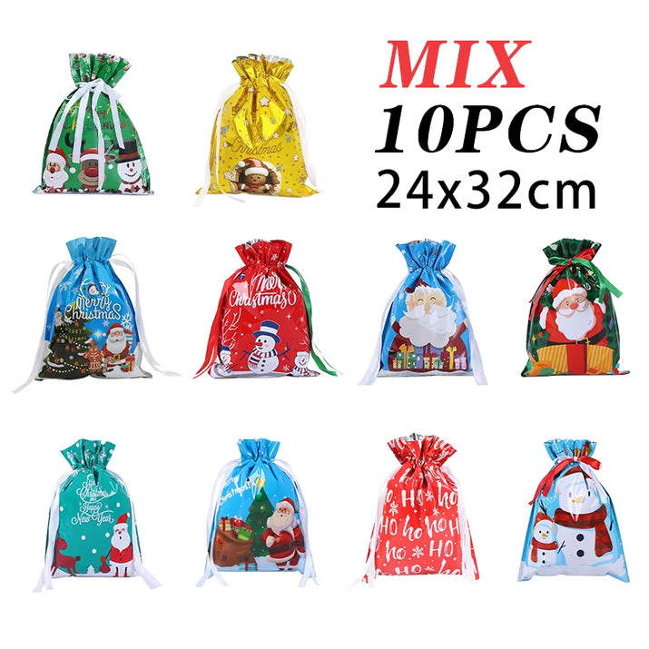 10Pcs Christmas Drawstring Gift Bag Party Children Kid Candy Gift Bag Aluminum Foil Box Happy New Year Xmas Eve 2025