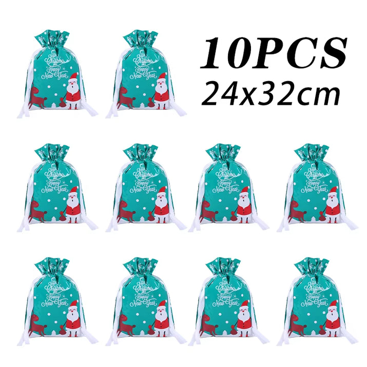 10Pcs Christmas Drawstring Gift Bag Party Children Kid Candy Gift Bag Aluminum Foil Box Happy New Year Xmas Eve 2025