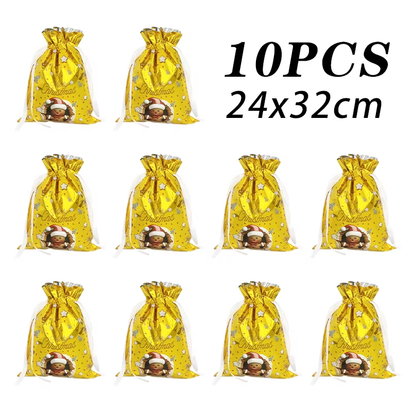 10Pcs Christmas Drawstring Gift Bag Party Children Kid Candy Gift Bag Aluminum Foil Box Happy New Year Xmas Eve 2025