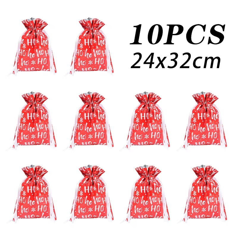 10Pcs Christmas Drawstring Gift Bag Party Children Kid Candy Gift Bag Aluminum Foil Box Happy New Year Xmas Eve 2025