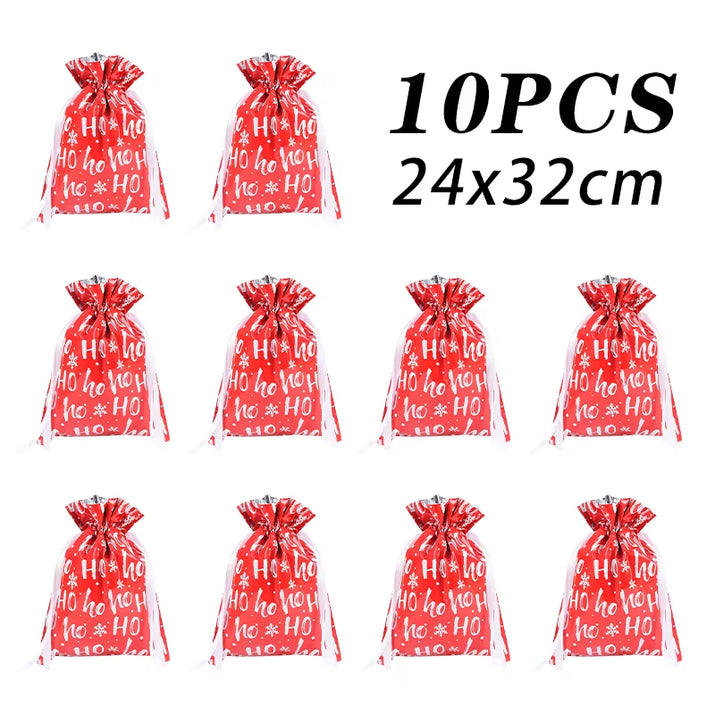 10Pcs Christmas Drawstring Gift Bag Party Children Kid Candy Gift Bag Aluminum Foil Box Happy New Year Xmas Eve 2025