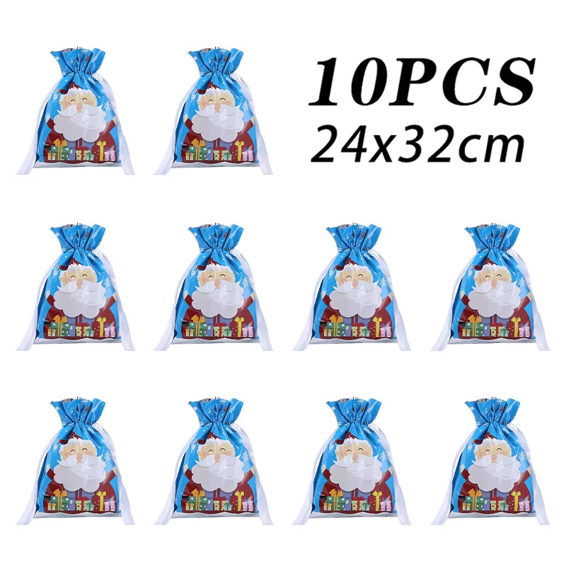 10Pcs Christmas Drawstring Gift Bag Party Children Kid Candy Gift Bag Aluminum Foil Box Happy New Year Xmas Eve 2025