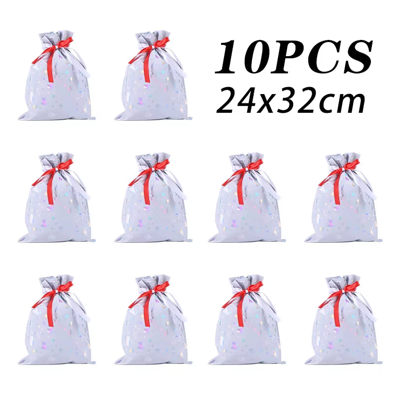 10Pcs Christmas Drawstring Gift Bag Party Children Kid Candy Gift Bag Aluminum Foil Box Happy New Year Xmas Eve 2025