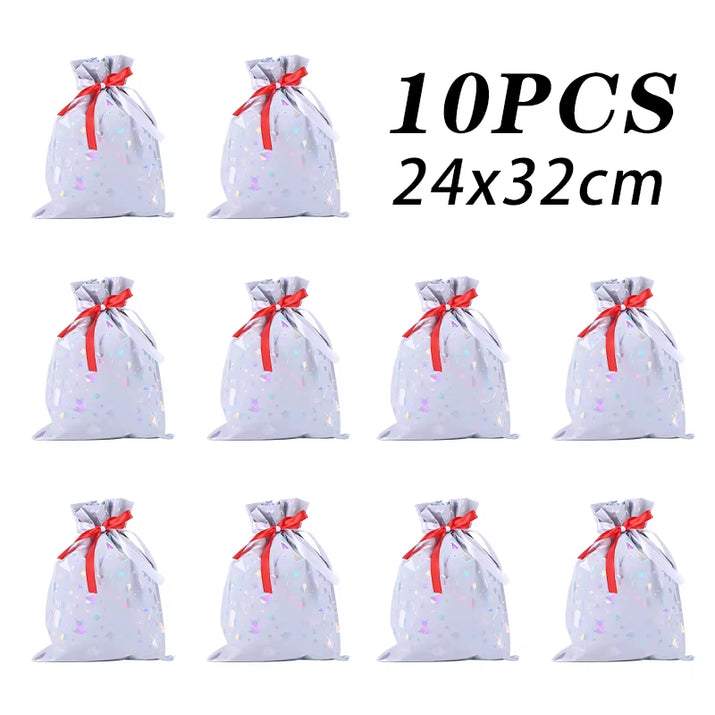 10Pcs Christmas Drawstring Gift Bag Party Children Kid Candy Gift Bag Aluminum Foil Box Happy New Year Xmas Eve 2025