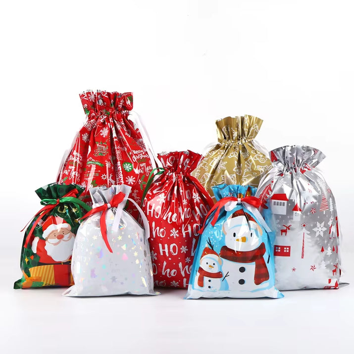 10Pcs Christmas Drawstring Gift Bag Party Children Kid Candy Gift Bag Aluminum Foil Box Happy New Year Xmas Eve 2025